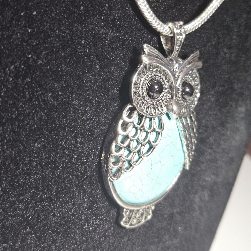 Silver Tone Large Blue Turquoise Owl Pendant Necklace 30" Chain - Picture 6 of 14